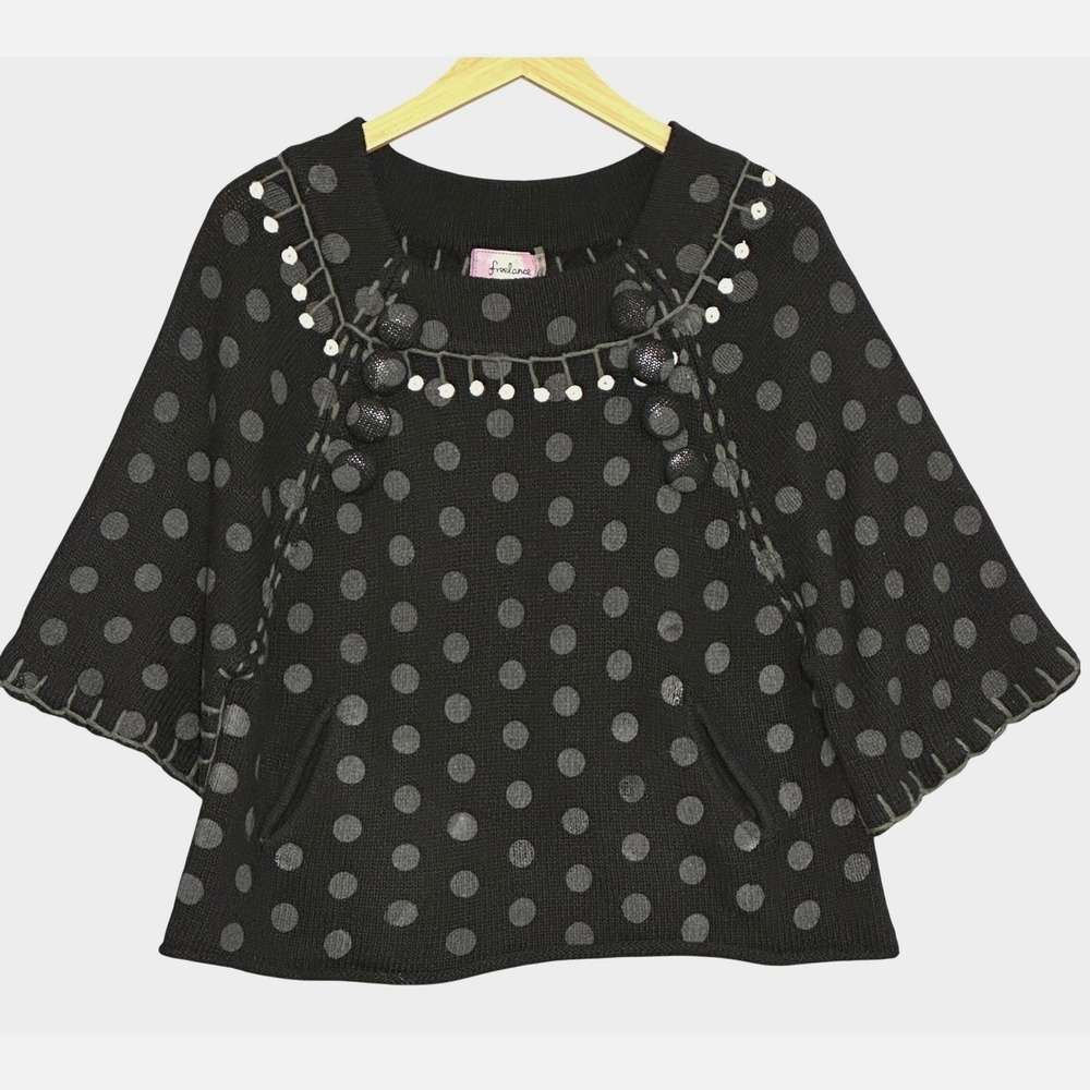 VTG 90s Womens Sweater M Black Polka Dot Flare Artsy Eclectic Twee Mod Retro Y2K